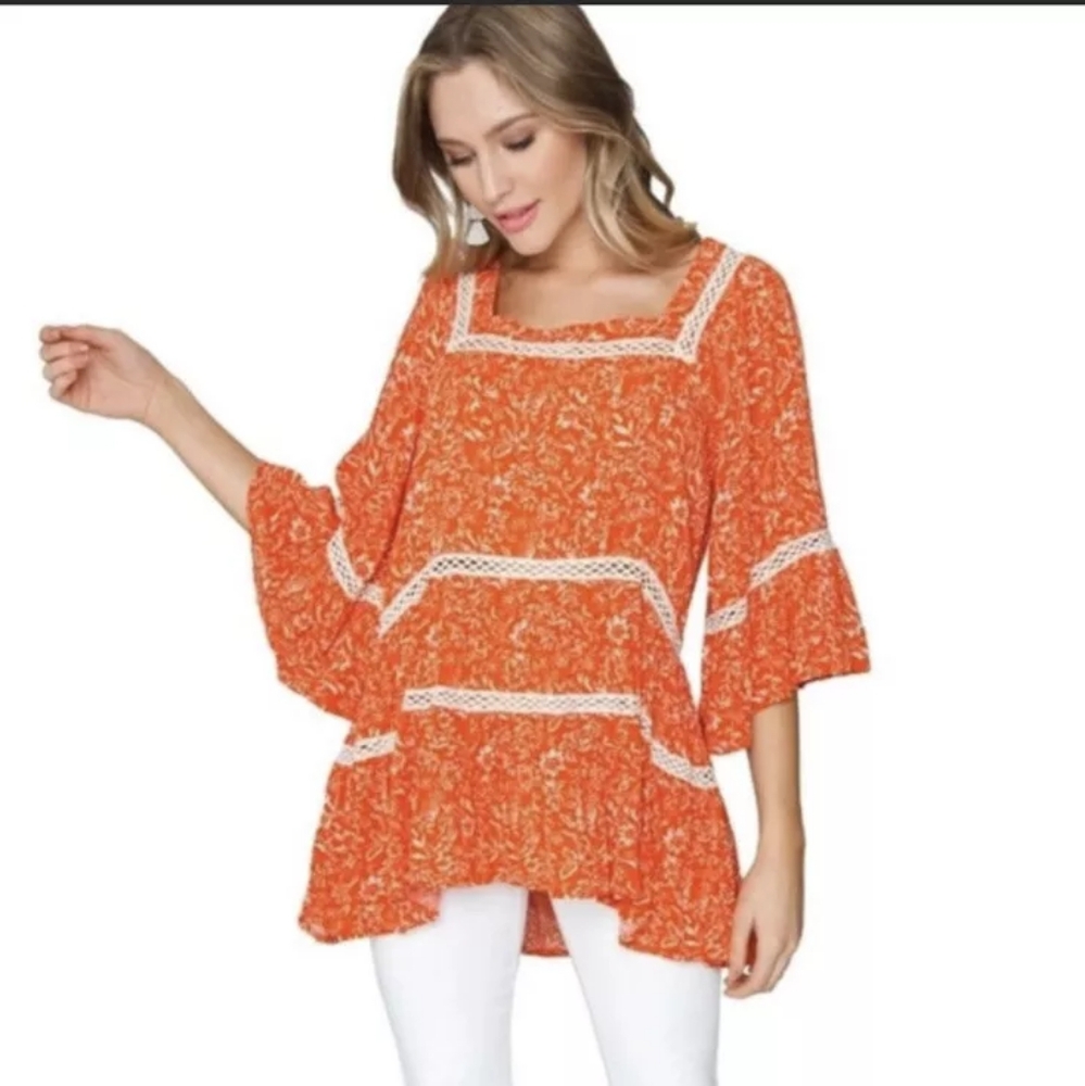 Free People‎ Orange Floral Talk About It Tunic Mini Dress Crochet Size L